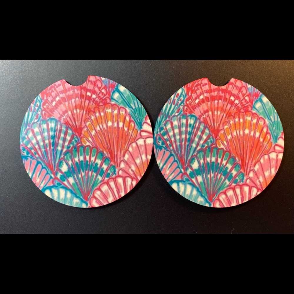 New, Set Of 2 Clamshells Seashells Car Cup Coasters